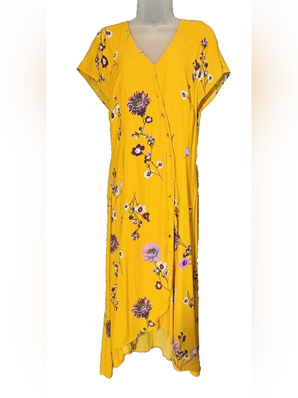 Free People Lost in You Golden Yellow Floral Hi Lo Midi Dress Size M V Neck Boho